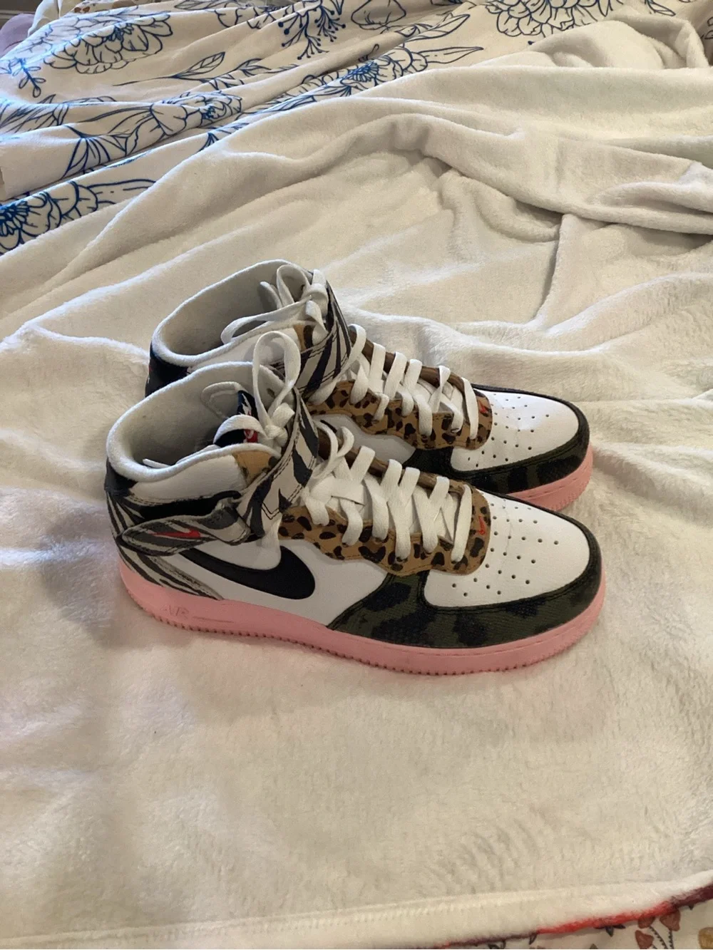 Nike High-Top Sneakers in White, Black, Pink with Camouflage & Zebra Accents